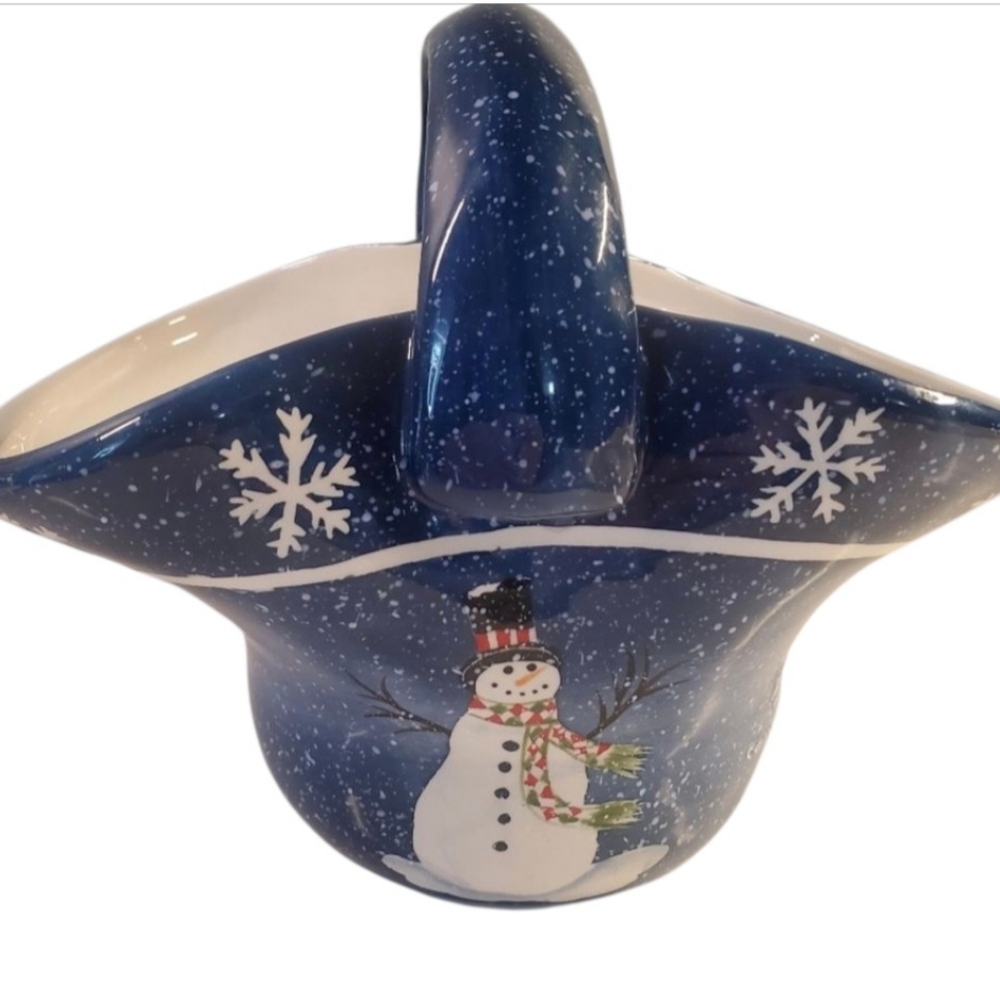 Pacific Rim Ceramic Christmas Basket , Handpainted , blue , Snowman